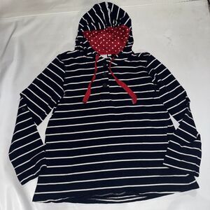 Susan Graver Womens Henley Hoodie Blue White Stripe Sleeve Pocket Small